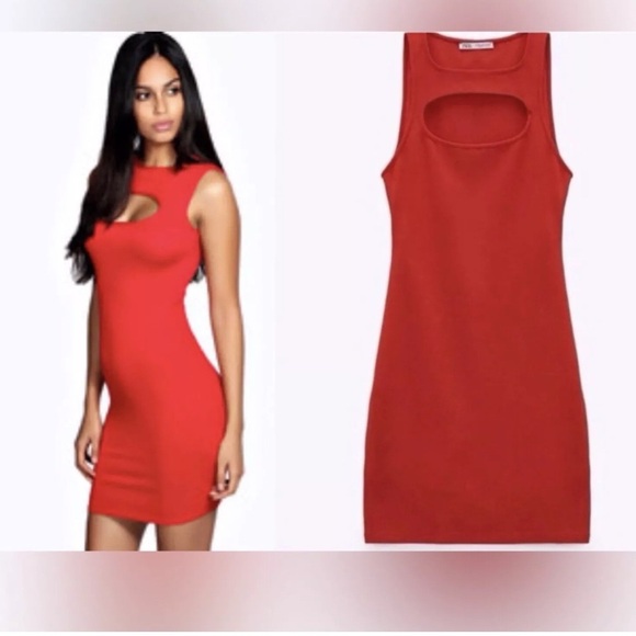 ZARA Red Mini Dress Cut Out Sexy Siren‎ Clubbing Going Out Dress Bodycon Short - Picture 2 of 10